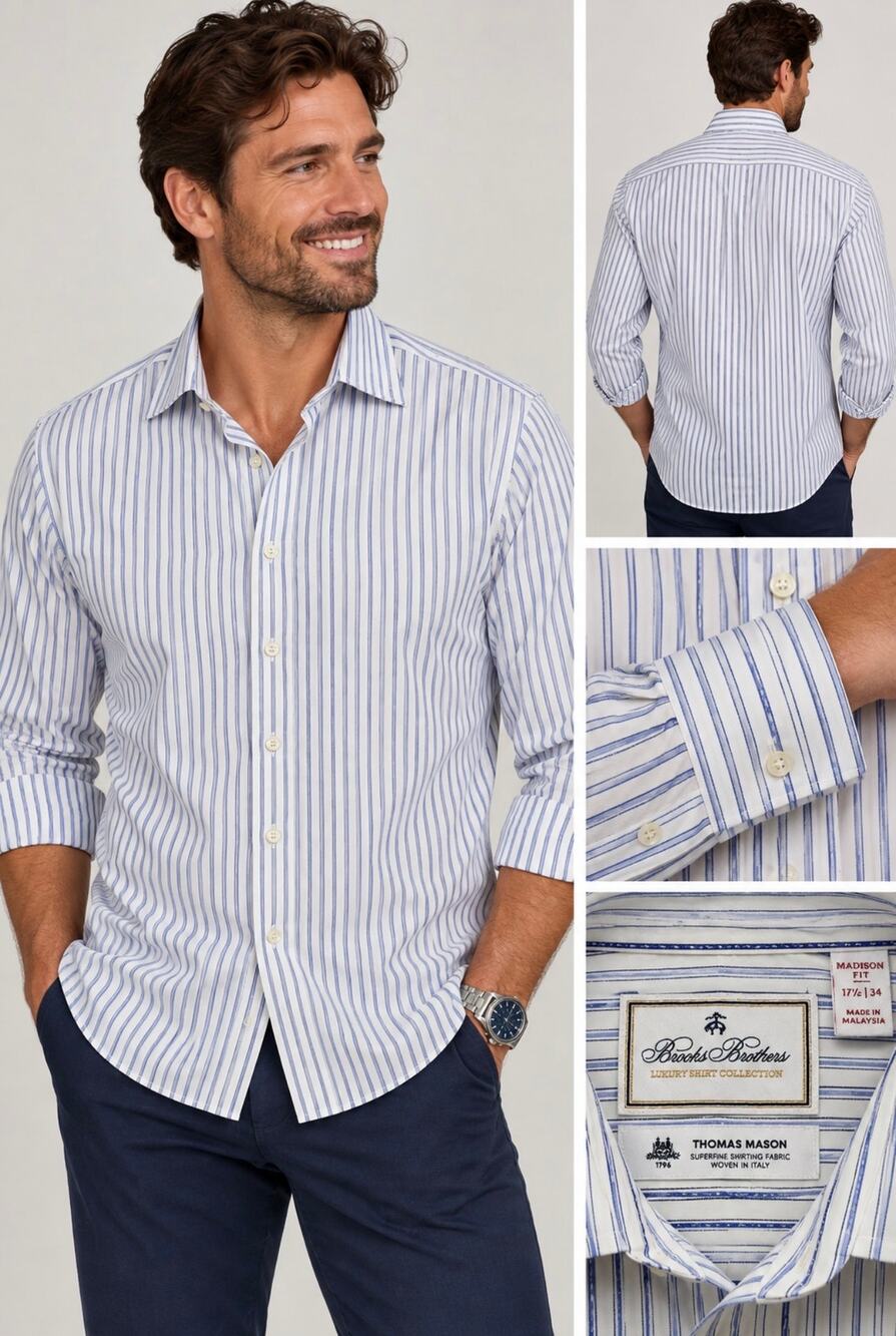 Brooks Brothers Luxury Thomas Mason Madison Fit 17.5 34 Blue Stripe Dress Shirt